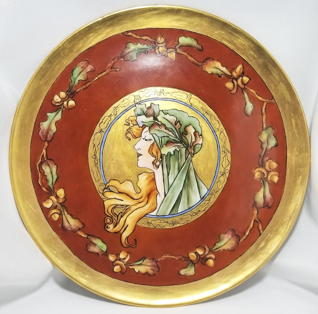 Large French Porcelain T&V Limoges Burgundy Charger Plaque Mucha Autumn Harvest Goddess