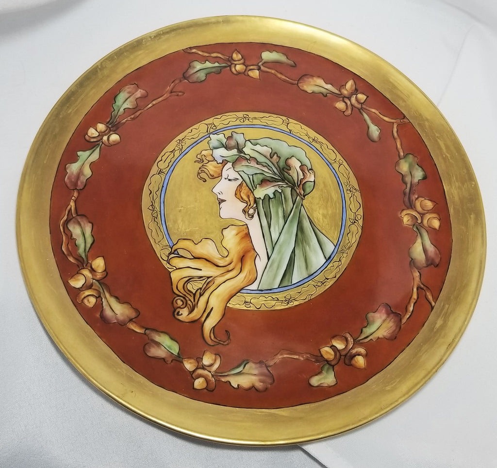 Large French Porcelain T&V Limoges Burgundy Charger Plaque Mucha Autumn Harvest Goddess