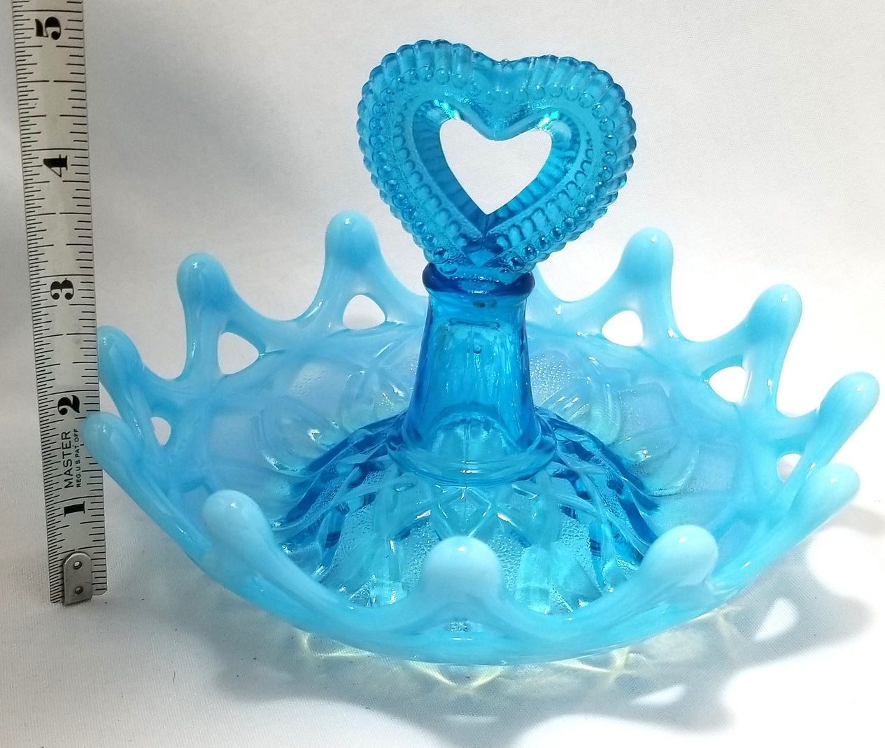 Northwood Blue Opal Open O’s Heart Handle Opalescent Glass Ring Holder