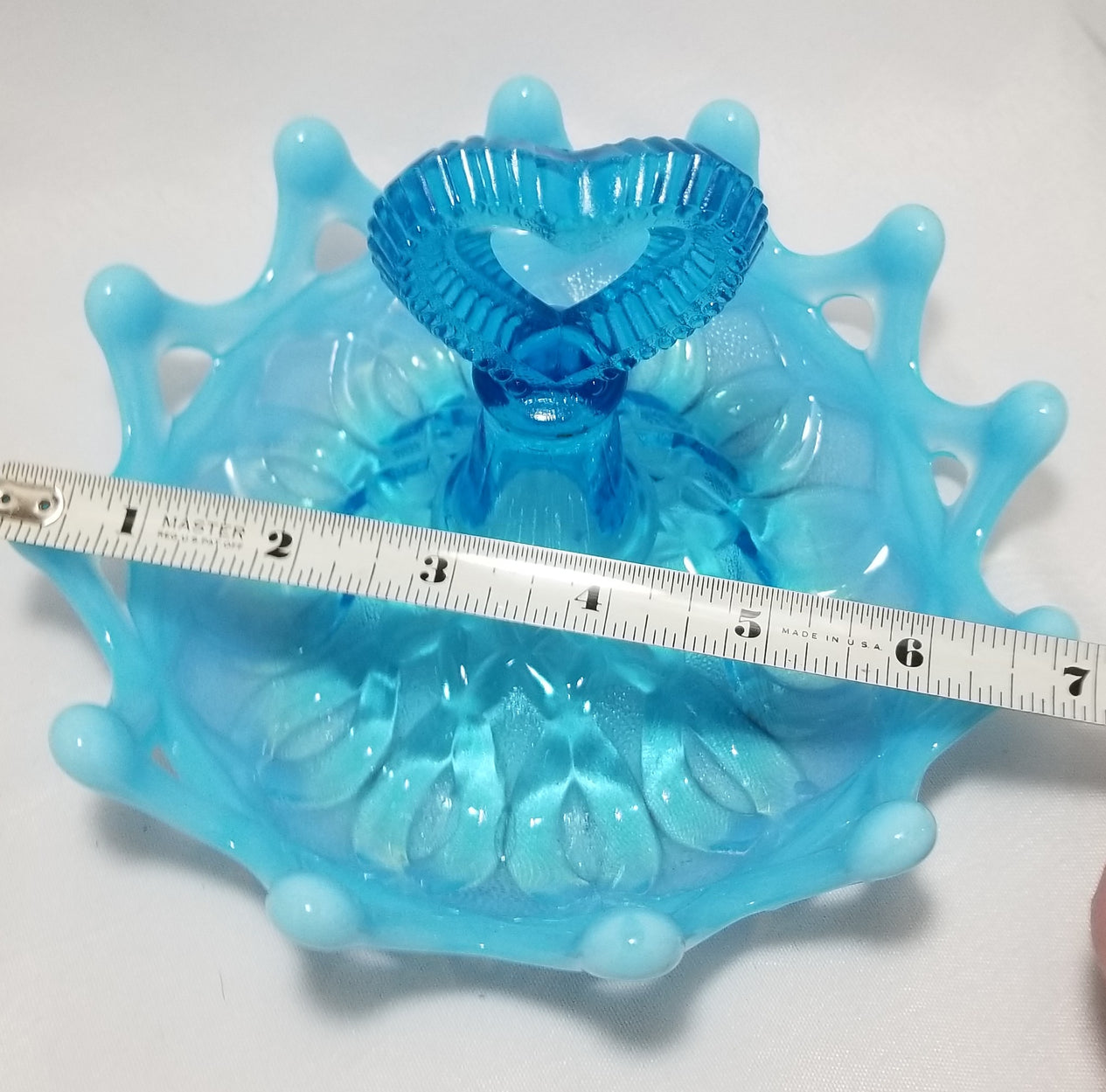 Northwood Blue Opal Open O’s Heart Handle Opalescent Glass Ring Holder