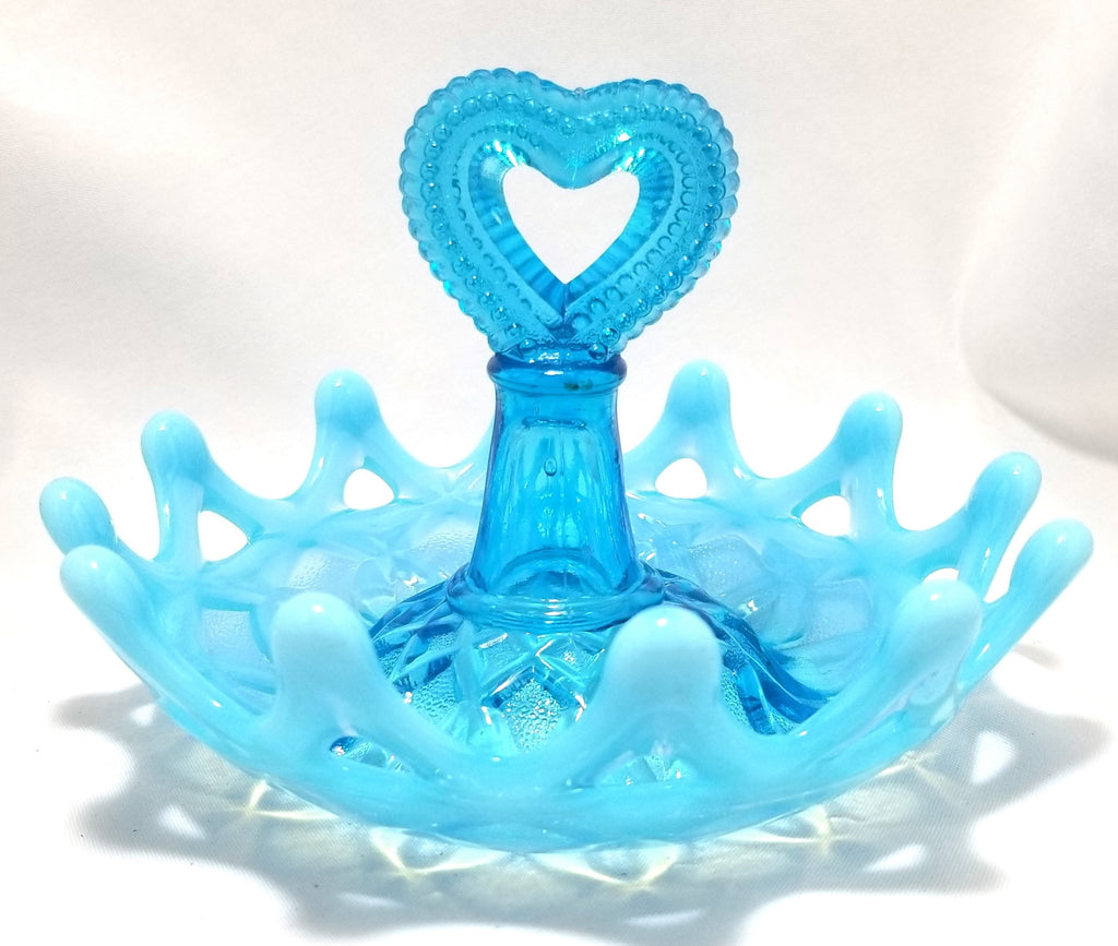 Northwood Blue Opal Open O’s Heart Handle Opalescent Glass Ring Holder