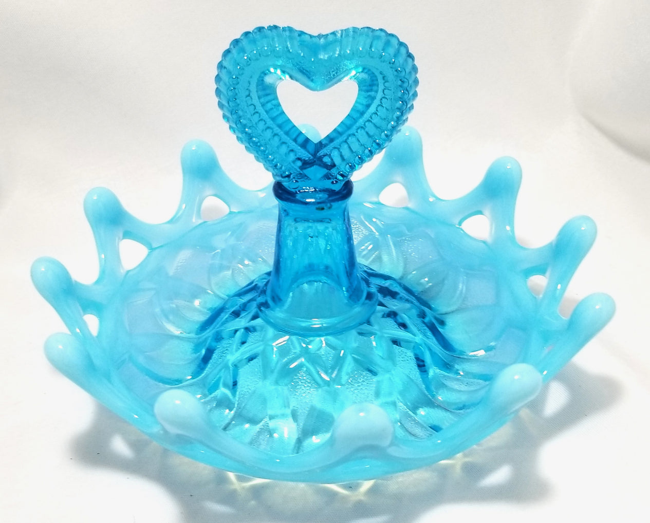 Northwood Blue Opal Open O’s Heart Handle Opalescent Glass Ring Holder