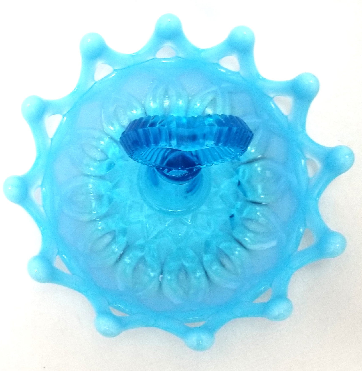 Northwood Blue Opal Open O’s Heart Handle Opalescent Glass Ring Holder