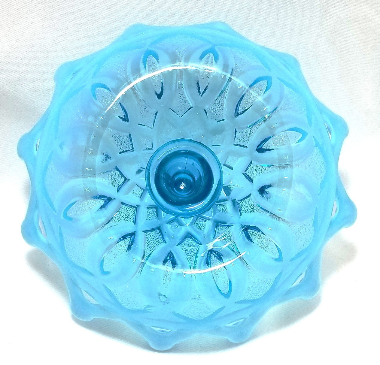 Northwood Blue Opal Open O’s Heart Handle Opalescent Glass Ring Holder