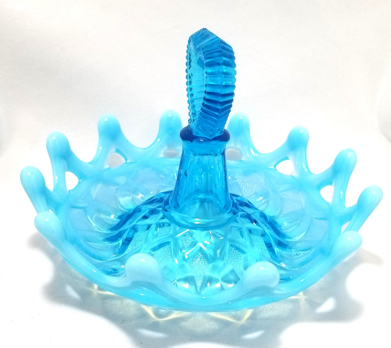 Northwood Blue Opal Open O’s Heart Handle Opalescent Glass Ring Holder