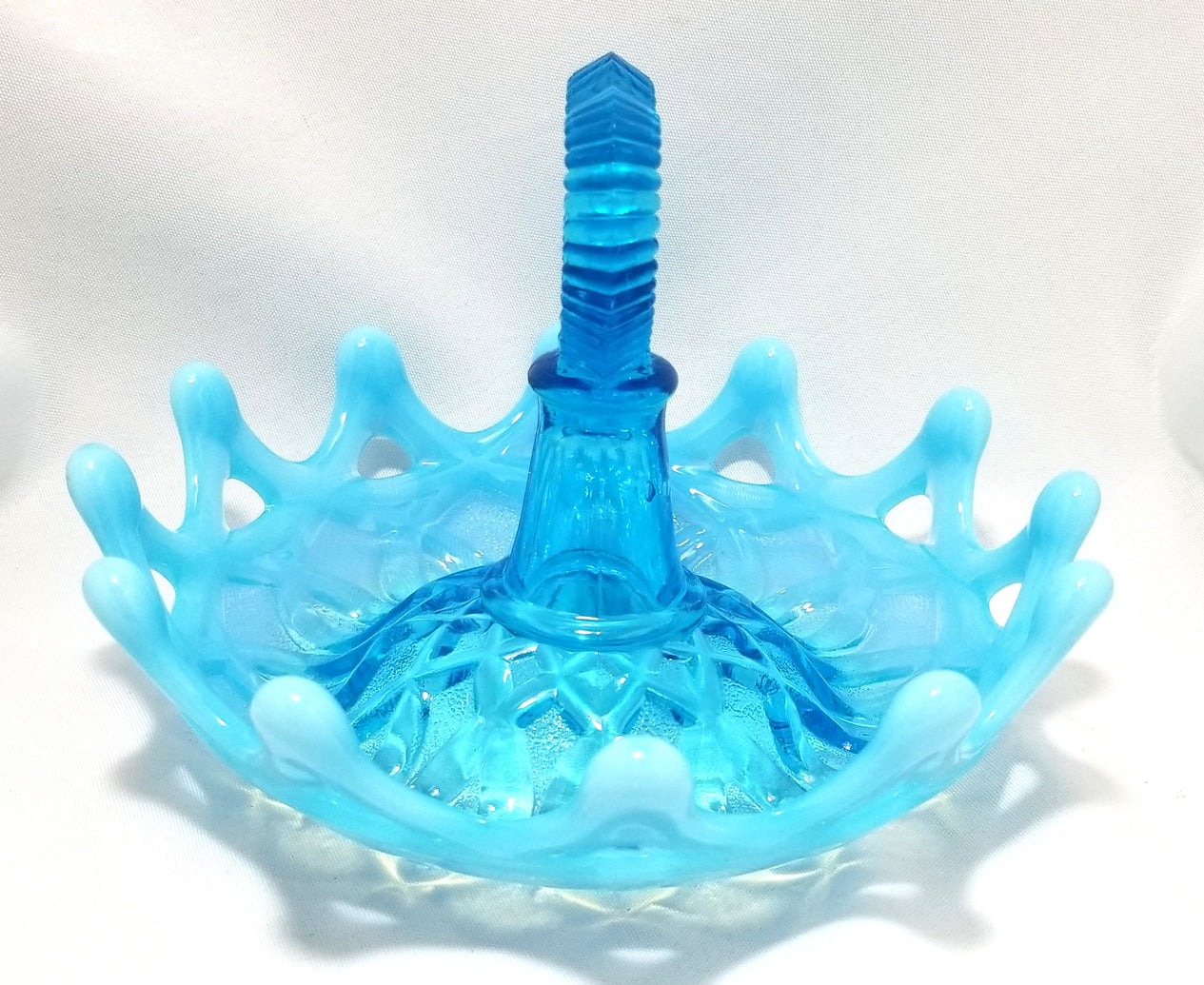 Northwood Blue Opal Open O’s Heart Handle Opalescent Glass Ring Holder
