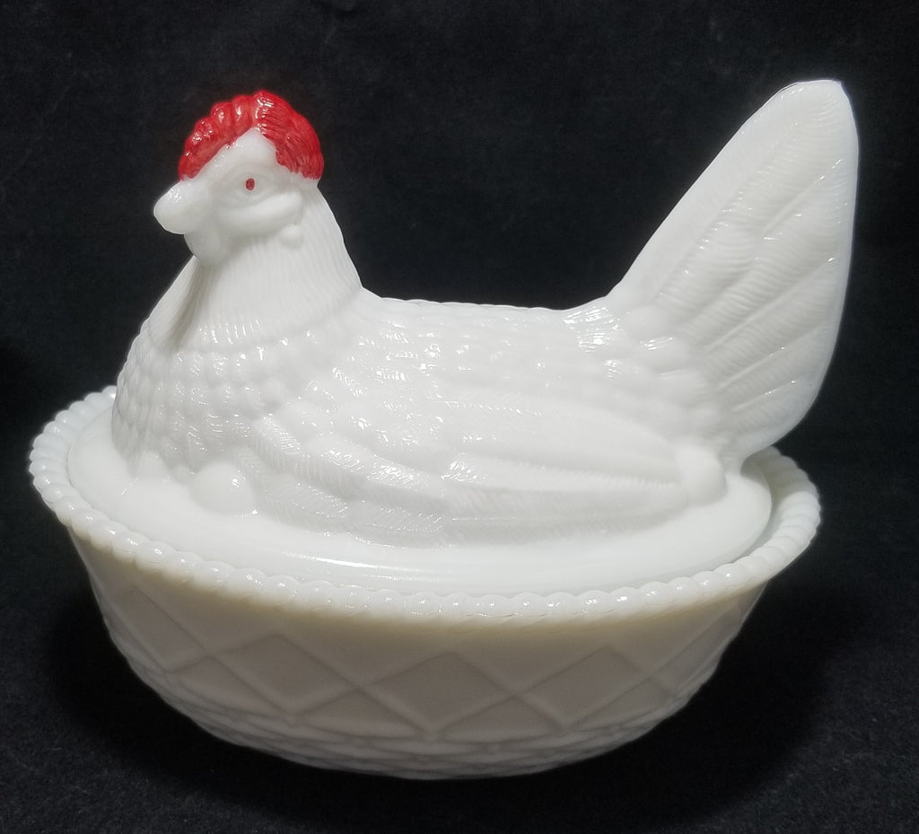 Westmoreland Red White Milk Glass Hen On Nest Dish Turned Head Basket Split Tail