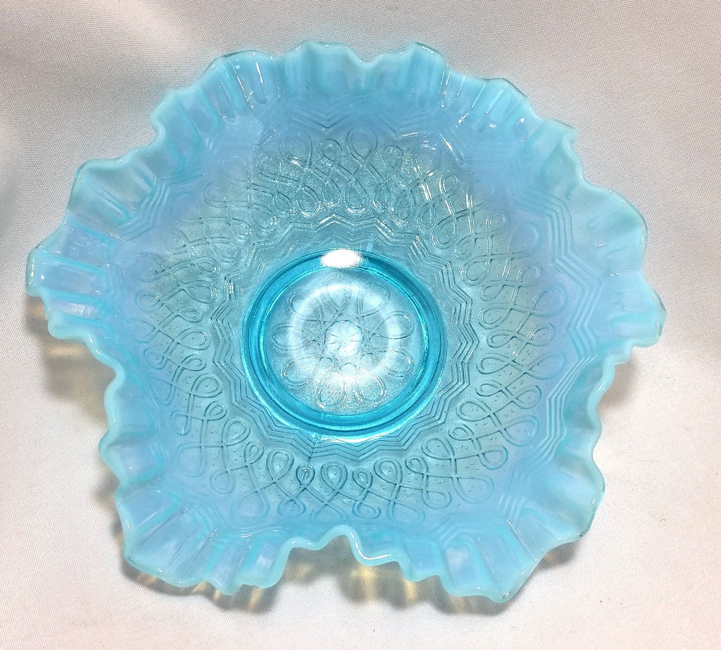 Jefferson Glass  Aqua Blue Opalescent Fluted Ruffle Bowl "Many Loops" Pattern