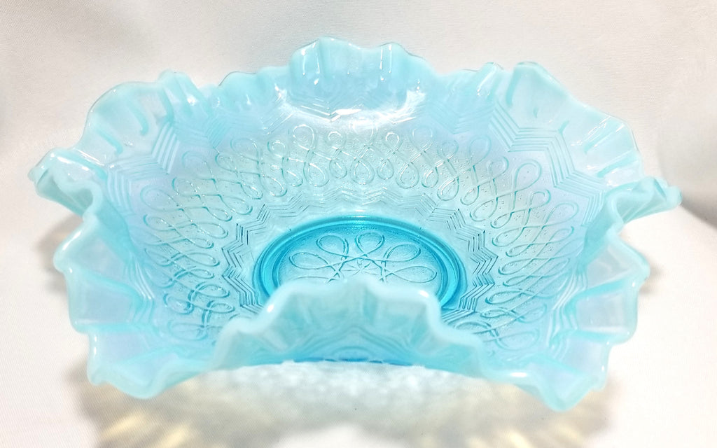 Jefferson Glass  Aqua Blue Opalescent Fluted Ruffle Bowl "Many Loops" Pattern