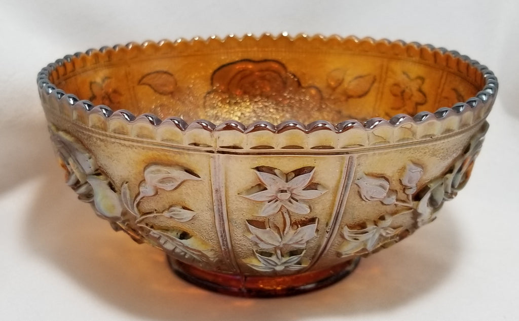 Antique Imperial Marigold Carnival Glass EAPG Bowl Open Rose Pattern Interior Daisy Exterior