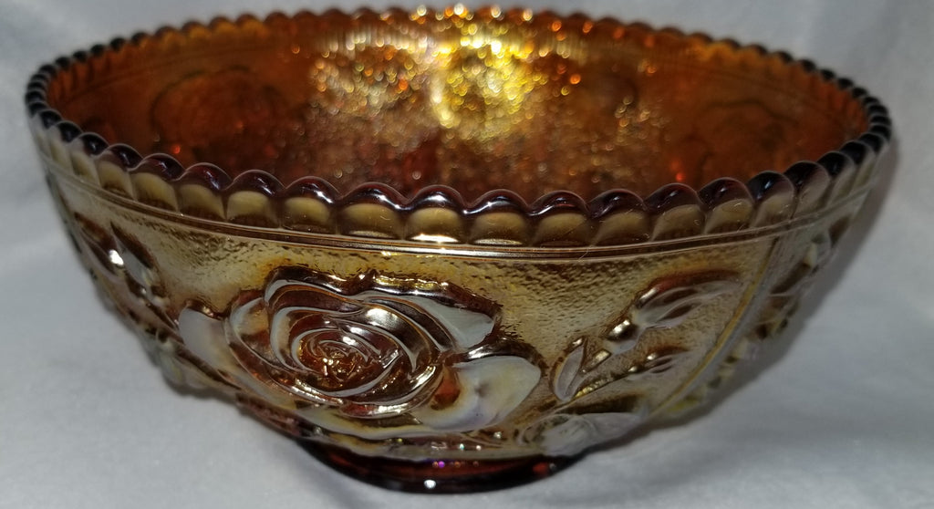 Antique Imperial Marigold Carnival Glass EAPG Bowl Open Rose Pattern Interior Daisy Exterior