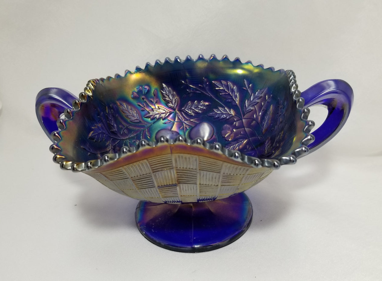 Northwood Cobalt Blue Fruits & Flowers Carnival Glass Bon Bon Dish