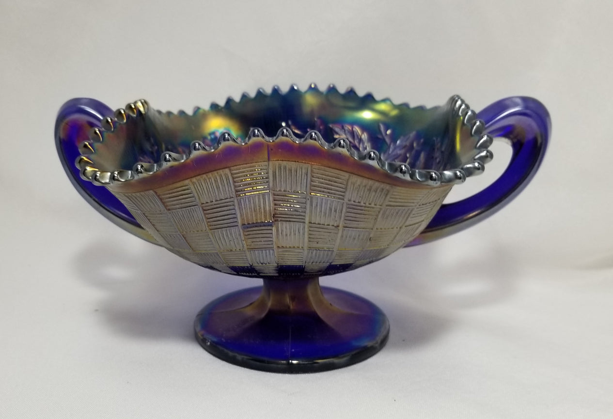 Northwood Cobalt Blue Fruits & Flowers Carnival Glass Bon Bon Dish