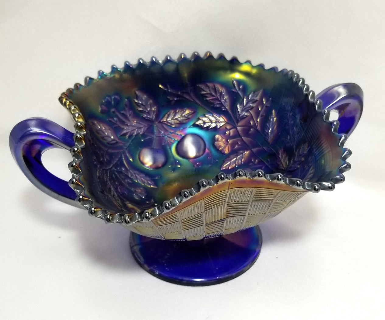 Northwood Cobalt Blue Fruits & Flowers Carnival Glass Bon Bon Dish