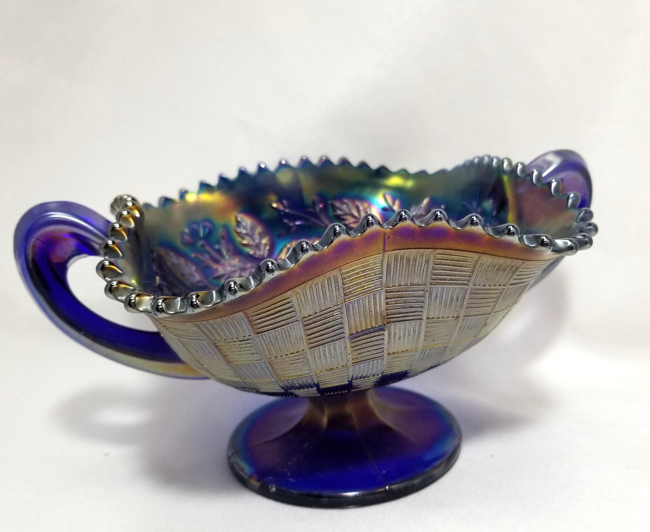 Northwood Cobalt Blue Fruits & Flowers Carnival Glass Bon Bon Dish