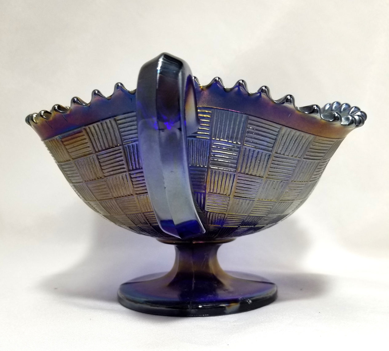 Northwood Cobalt Blue Fruits & Flowers Carnival Glass Bon Bon Dish