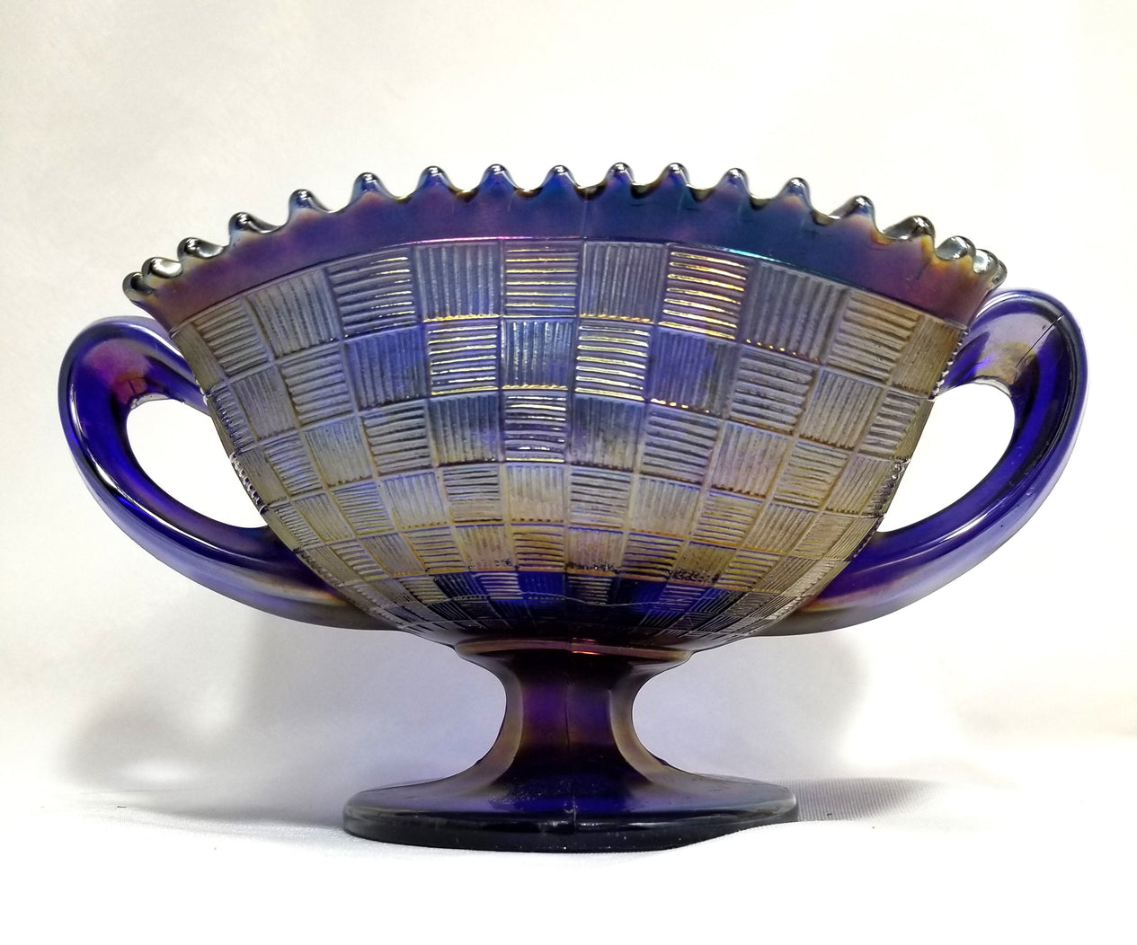 Northwood Cobalt Blue Fruits & Flowers Carnival Glass Bon Bon Dish