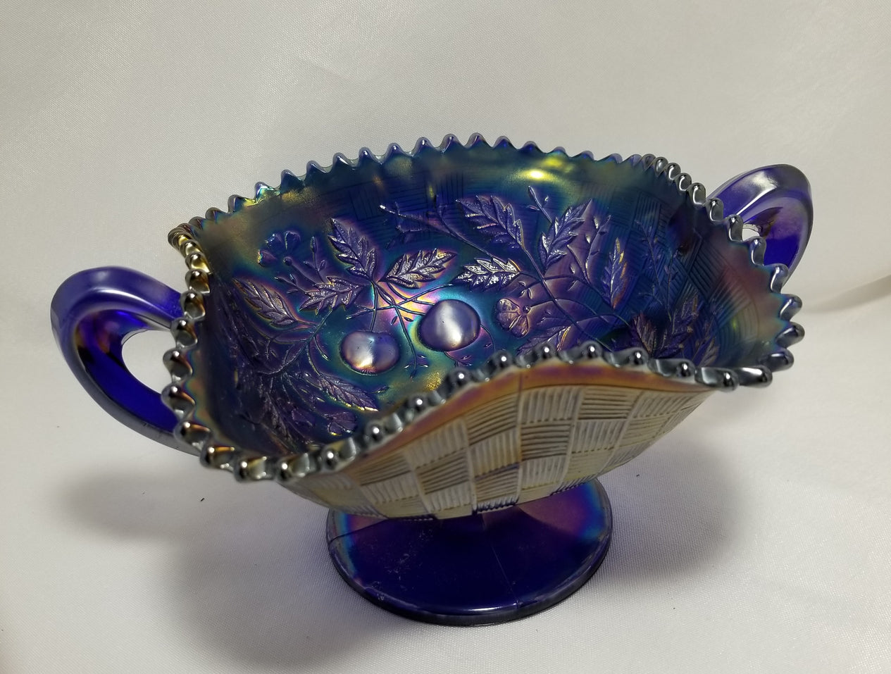 Northwood Cobalt Blue Fruits & Flowers Carnival Glass Bon Bon Dish