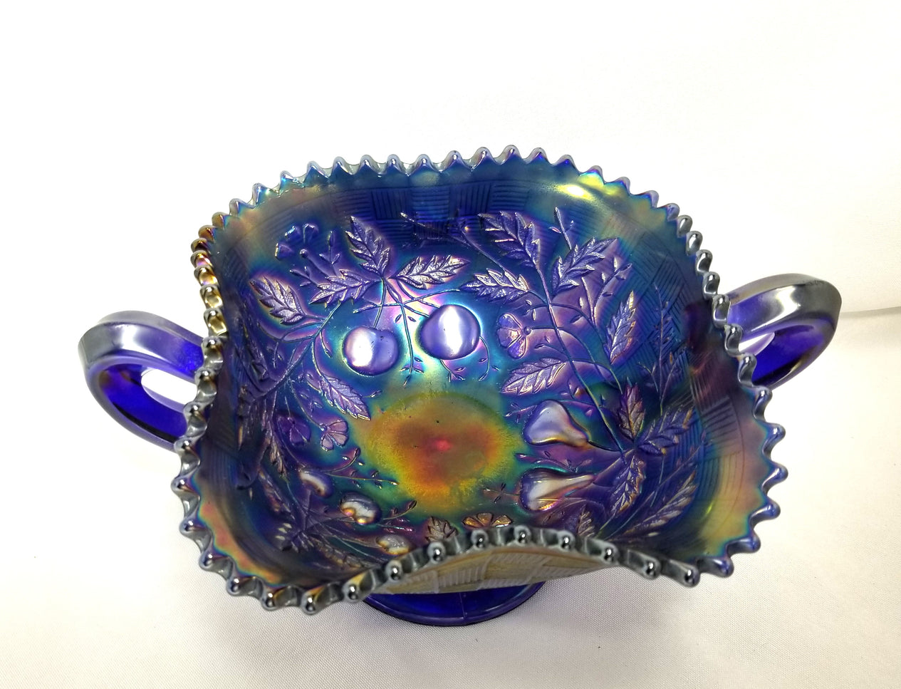 Northwood Cobalt Blue Fruits & Flowers Carnival Glass Bon Bon Dish