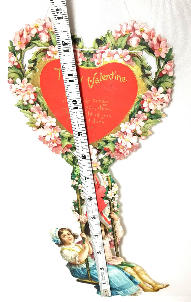 Large Hanging Heart Balloon Valentine Die Cut Ellen Clapsaddle Children with Flowers & Poem