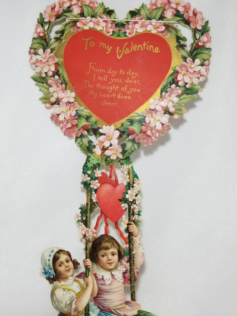 Large Hanging Heart Balloon Valentine Die Cut Ellen Clapsaddle Children with Flowers & Poem