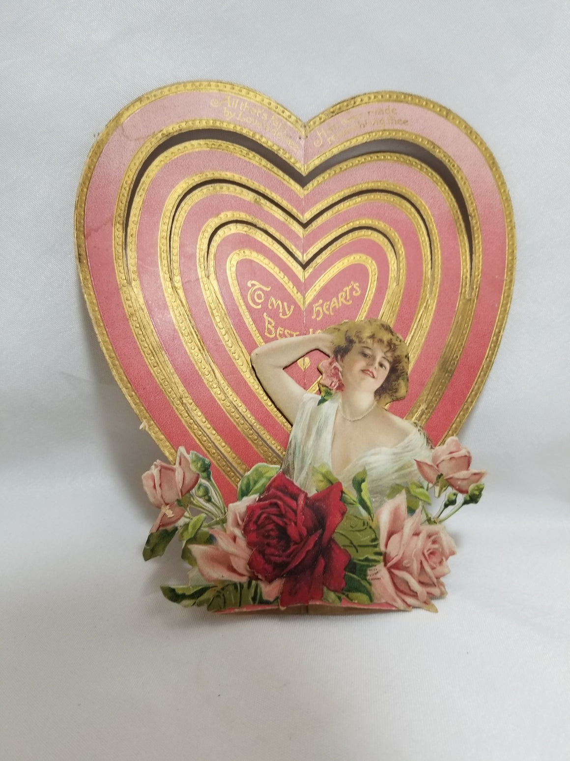 Antique Vintage Die Cut 3D Valentine Card Heart with Woman and Rose Flowers Gold Writing