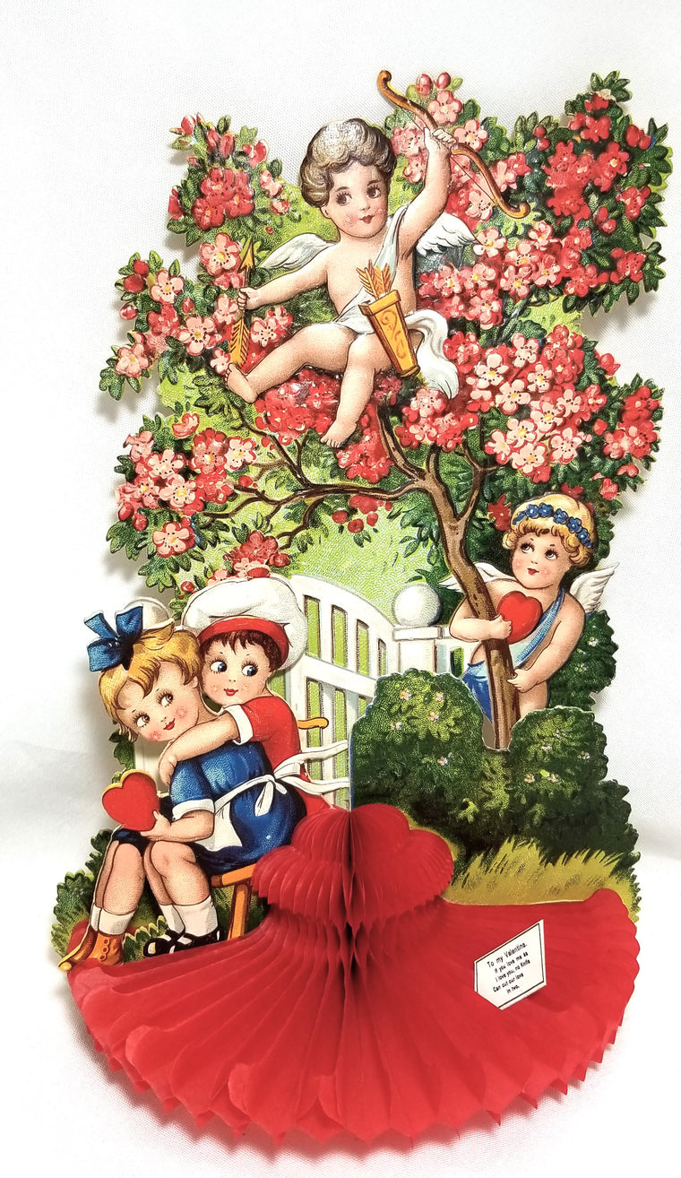 Antique Vintage Die Cut 3D Valentine Stand Up Honeycomb Card by Chloe Preston Cupid in Tree with Children
