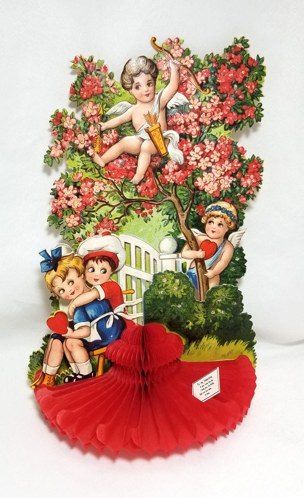 Antique Vintage Die Cut 3D Valentine Stand Up Honeycomb Card by Chloe Preston Cupid in Tree with Children