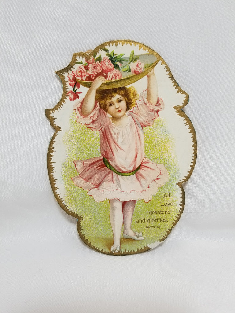 Antique Vintage Die Cut Valentine Artist Ellen Clapsaddle Little Girl in Pink Holding A Basket of Flowers with Green Background