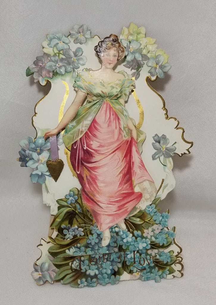 Die Cut 3D Stand Up Vintage Antique  Valentine Woman in Pink Holding Hanging Heart With Surrounding Flowers Clapsaddle Attributed