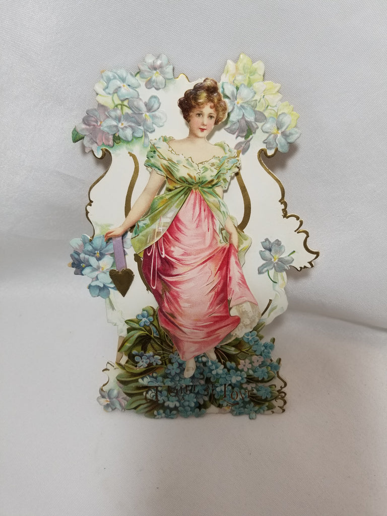 Die Cut 3D Stand Up Vintage Antique  Valentine Woman in Pink Holding Hanging Heart With Surrounding Flowers Clapsaddle Attributed