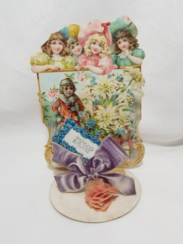 Antique Vintage Die Cut 3D Valentine Stand Up Honeycomb Card with Little Girls