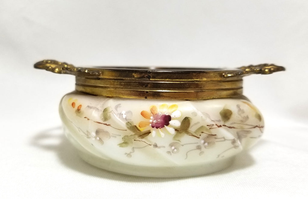 Wave Crest Helmschied Swirl Opal Ware Hand Painted Flowers Open Pin Dish w/Collar & Handles