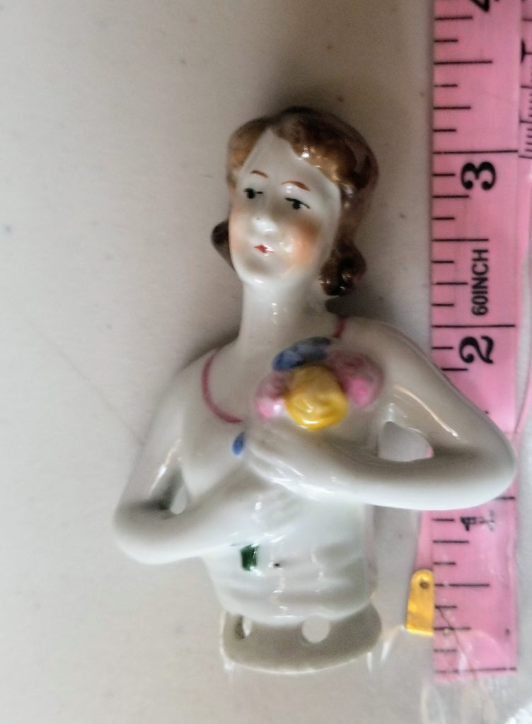 German Porcelain Numbered Half Doll Woman with Brunette Hair Art Deco Style Top Holding Flowers