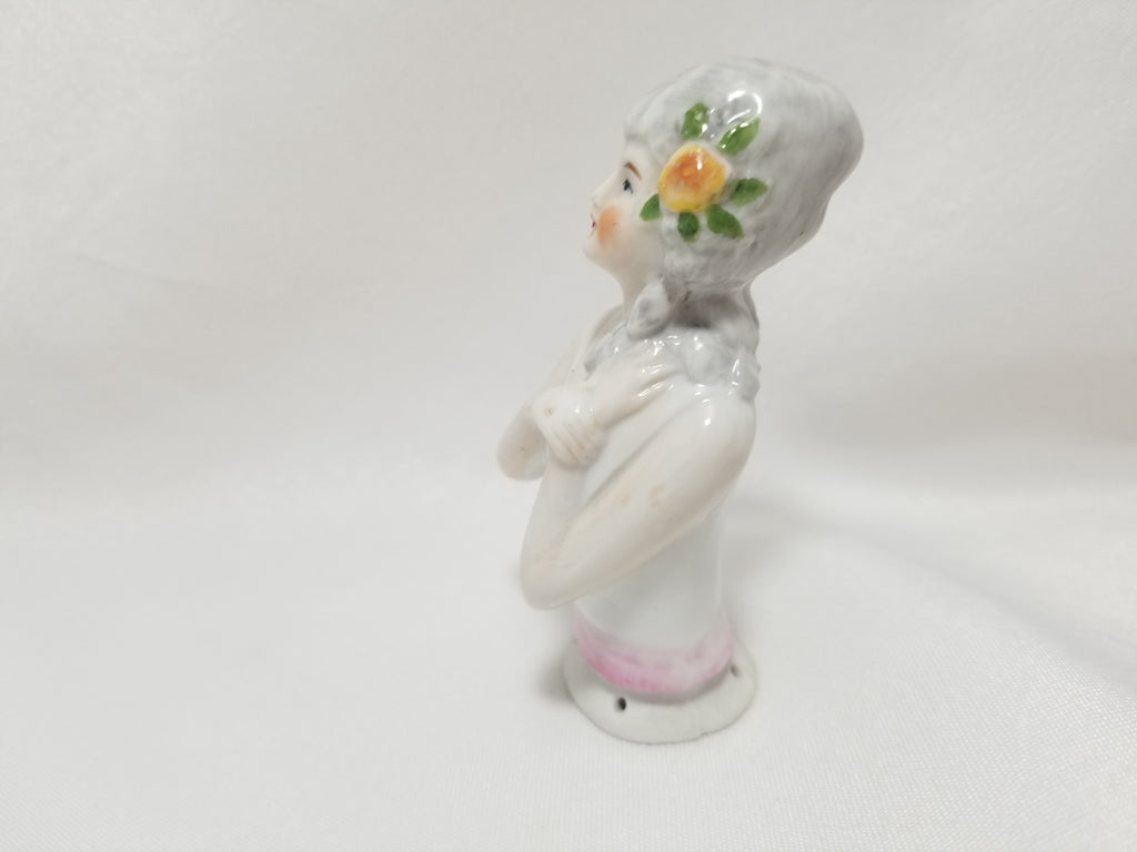 German Porcelain Numbered Half Doll Woman with Silver Madame Pompadour Hair Hand Painted Yellow Flowers