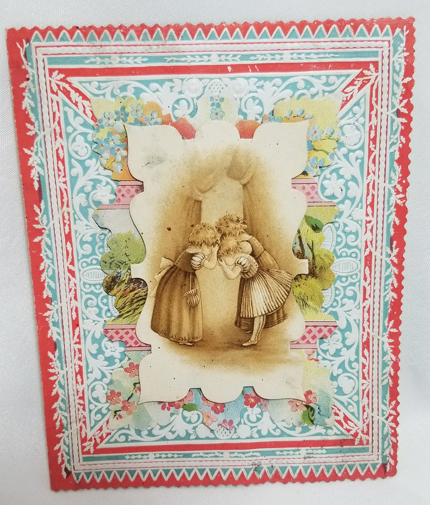 Vintage Valentine Card Sawtooth Edge with Little Girls on Front Red Background and Poem Interior