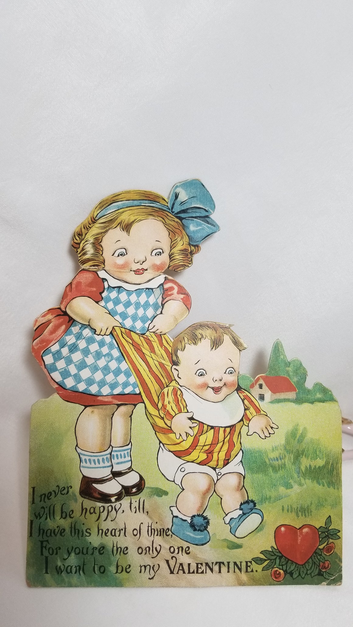 Large Vintage Die Cut Valentine Card Stand Up Style Little Girl Stopping Falling Baby