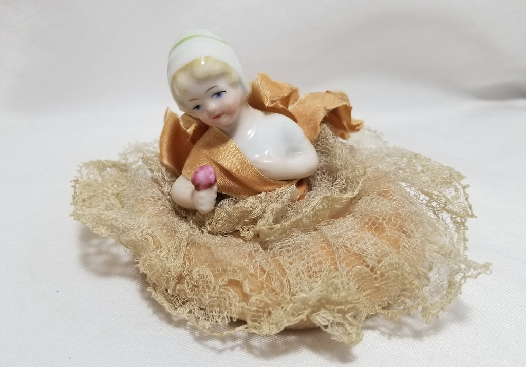 German Porcelain Blonde Half Doll Holding Pink Blossom on Powder Puff