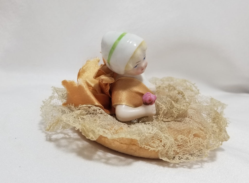 German Porcelain Blonde Half Doll Holding Pink Blossom on Powder Puff