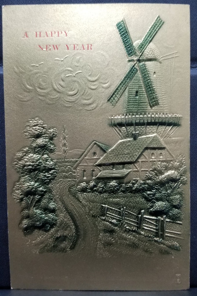 Happy New Year Postcard Gold Embossed Card with Green Painted Picture of House Lane & Windmill
