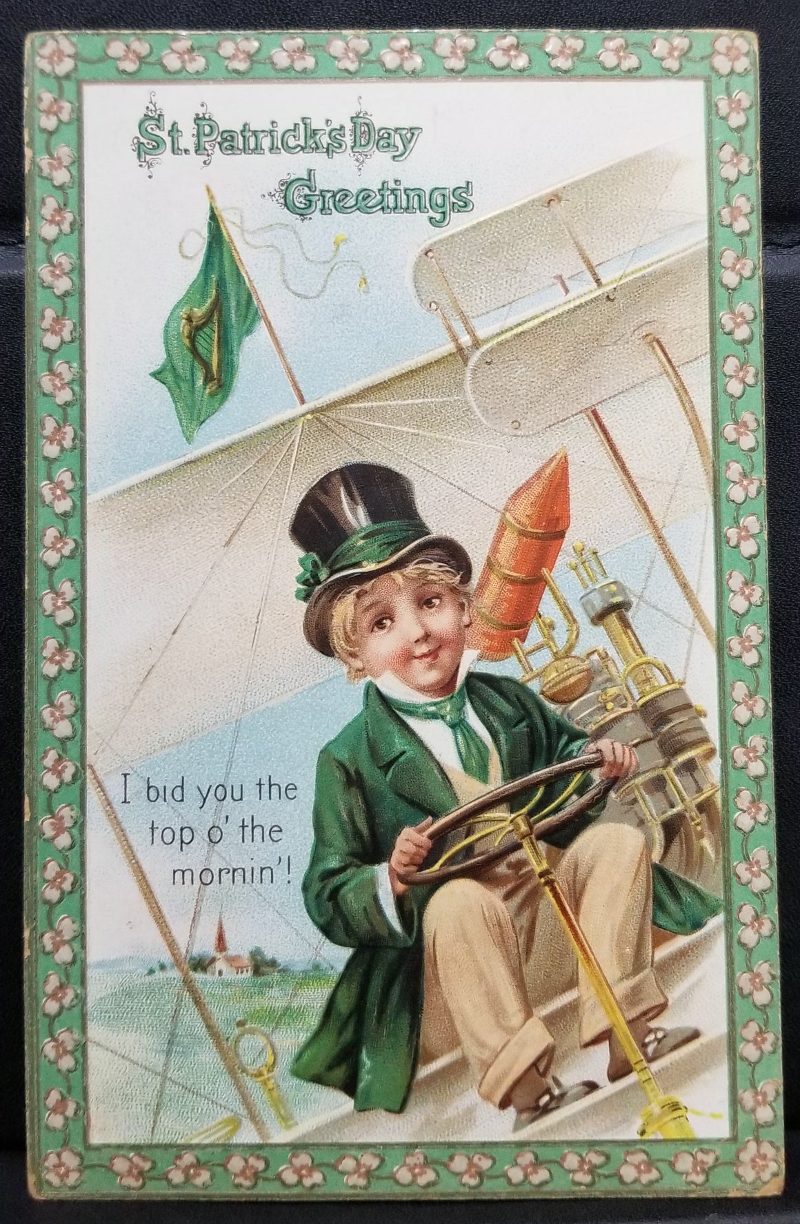 Saint Patrick Day Postcard Frances Brundage Boy in Greens Flying Old Plane Series 140