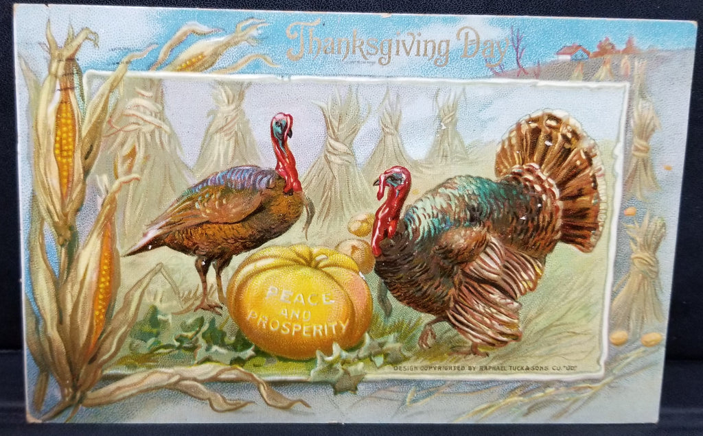 Thanksgiving Postcard Raphael Tuck Publishing Series 175 Two Turkeys with Pumpkin Peace & Prosperity