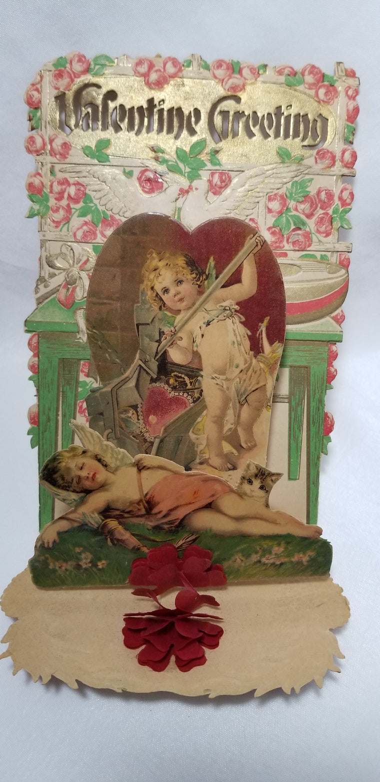 Large Vintage Antique Valentine Card Cupids and Arrow Die Cut Back Pull Down Honeycomb
