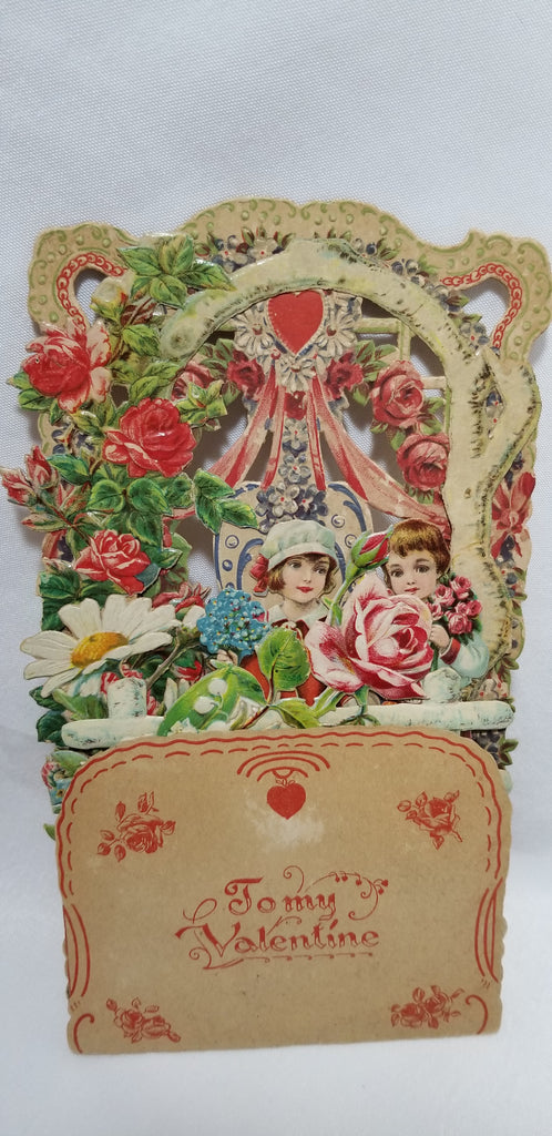Large Vintage Antique Valentine Card Die Cut 3D with Children & Flowers Pull Down Honeycomb