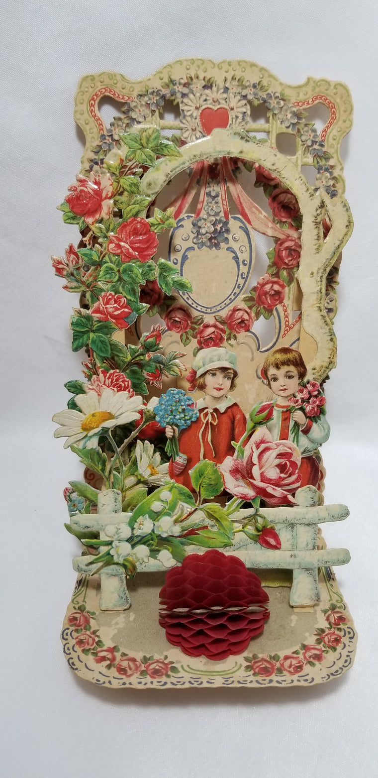 Large Vintage Antique Valentine Card Die Cut 3D with Children & Flowers Pull Down Honeycomb