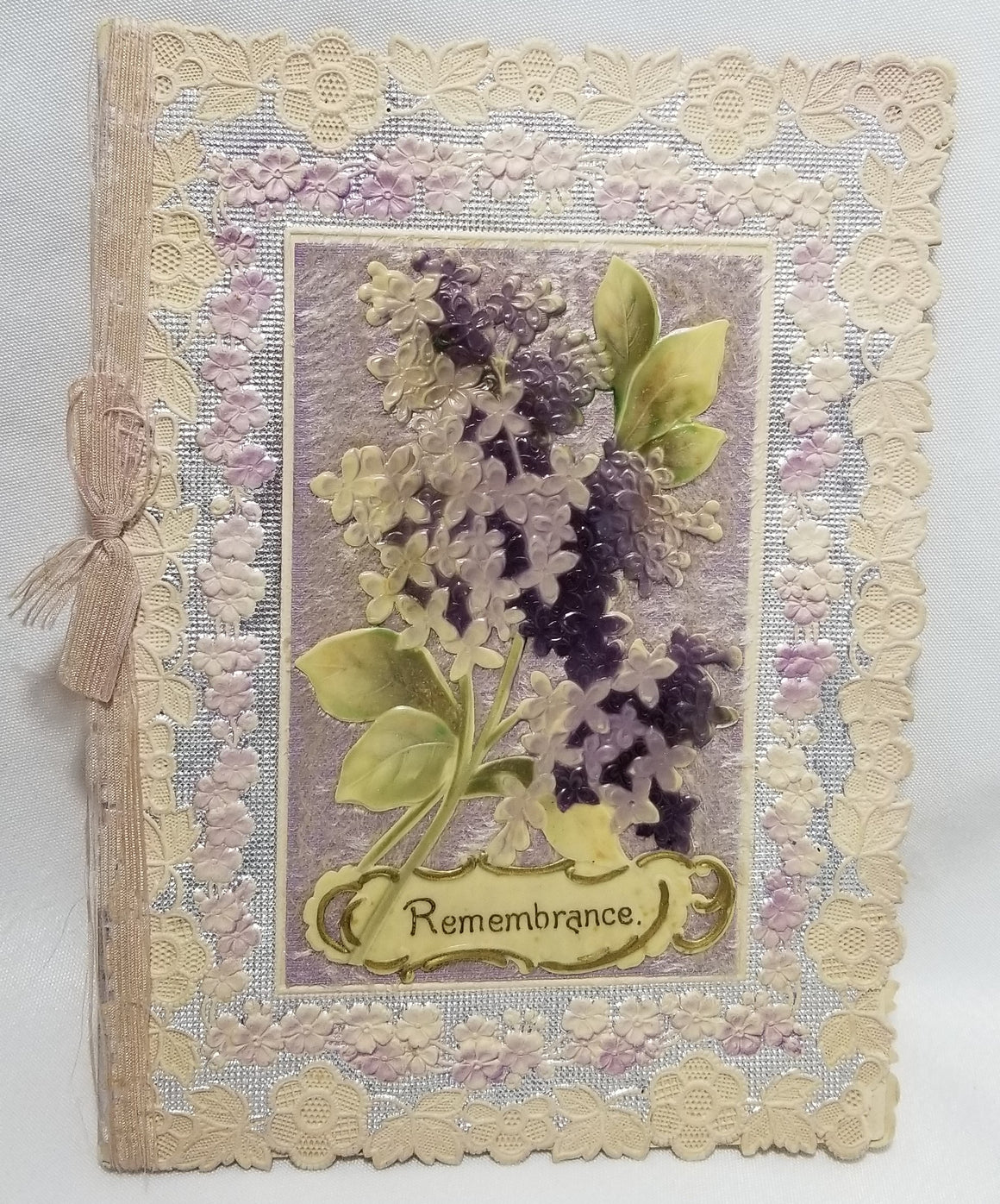 Antique Victorian Remembrance Greeting Booklet Card with Lilac Flowers and Silk Paper Lace Front