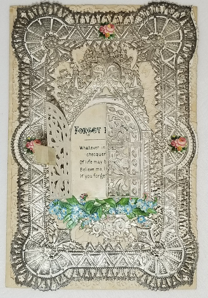 Pre Civil War Era 1850s Mansell Chromolithograph Antique Embossed Valentine Card Silver Foil Over Paper Lace Hidden Window
