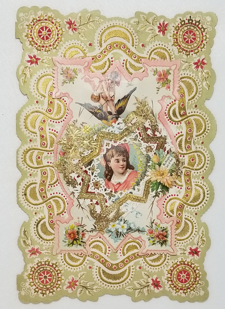 Larger Sized Antique Victorian Die Cut Valentine Card Gold Embossed with Portrait of Girl Gold Foil Trim Interior Poem