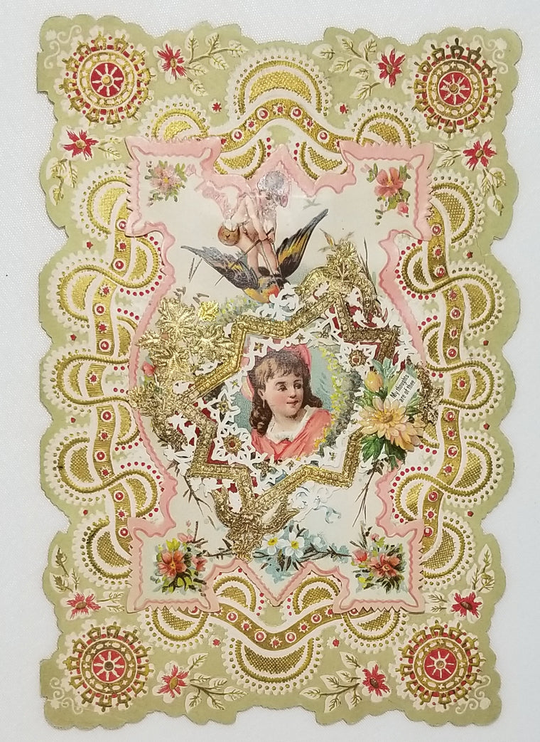 Larger Sized Antique Victorian Die Cut Valentine Card Gold Embossed with Portrait of Girl Gold Foil Trim Interior Poem