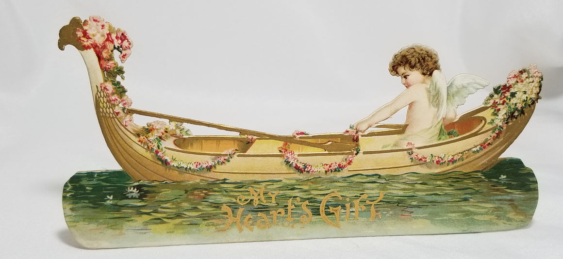 Brundage Attributed Antique Vintage Die Cut Valentine Card Cherub Cupid Rowing Boat in Water My Heart's Gift